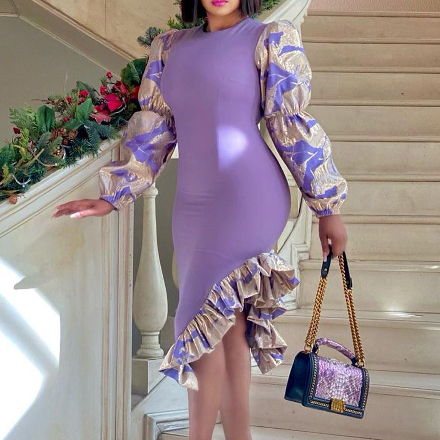 Damen Rüschenkleid Puffärmel Asymmetrisch Eveloria