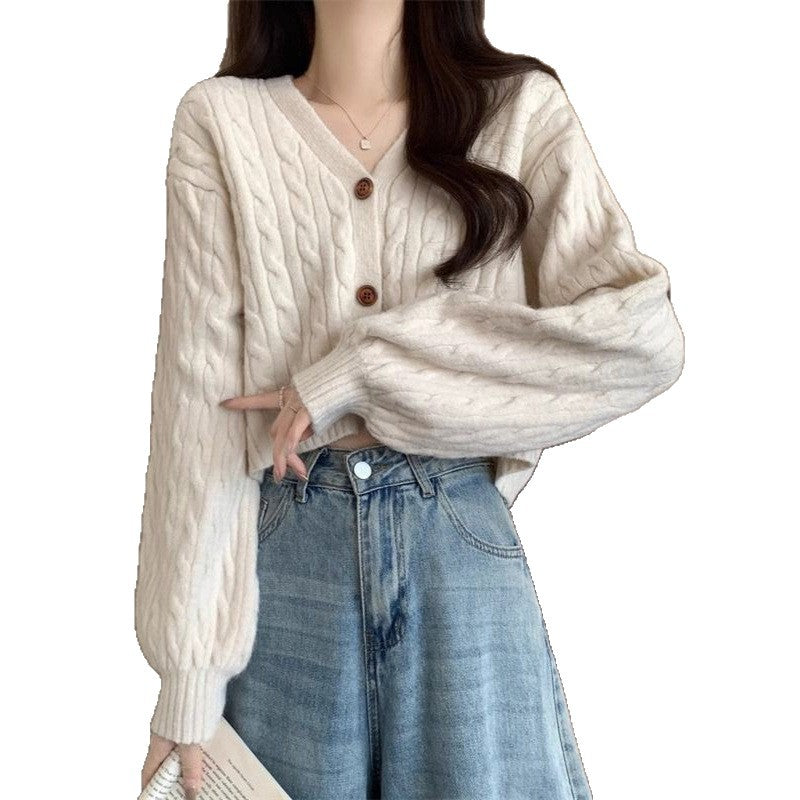 Damen Grobstrick-Cardigan Knöpfe V-Ausschnitt Beige