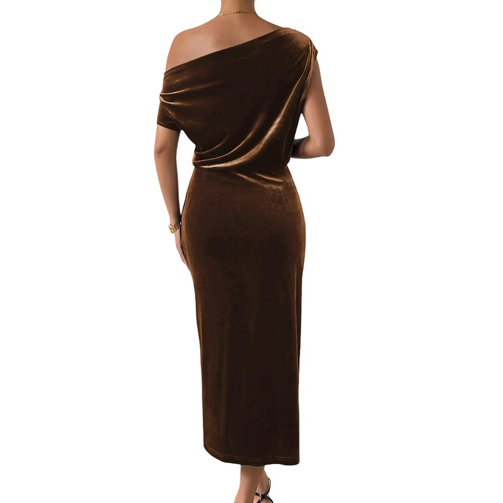 Damen Maxikleid Schulterfrei Samt Eveloria
