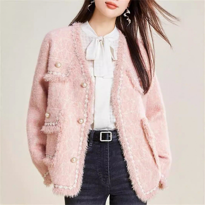 Damen Strickjacke Flauschig mit Knöpfen und Dekorsaum - Eveloria