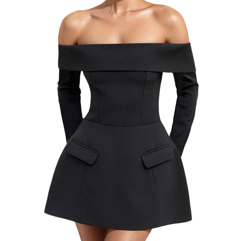 Damen Minikleid Schulterfrei Elegant Taschen Eveloria