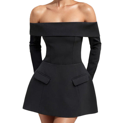 Damen Minikleid Schulterfrei Elegant Taschen Eveloria