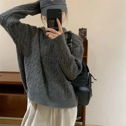 Damen Strickpullover Kapuze Zopfmuster Kuschelig Grau Eveloria