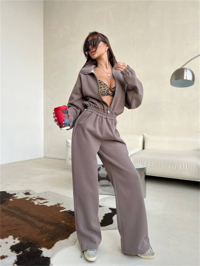 Damen Fleece Langarm Set Hoher Kragen Weiter Schnitt Grau