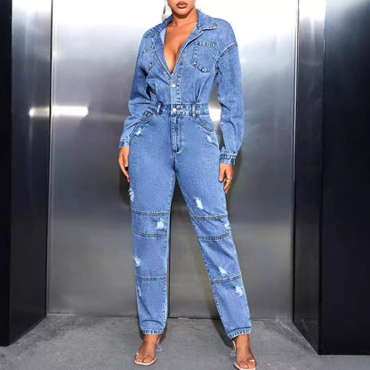 Damen Jeansoverall Tailliert Destroyed Blau Eveloria