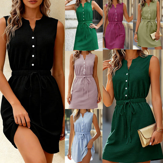 Damen Freizeitkleid Knopfleiste Taillenband Eveloria - Eveloria
