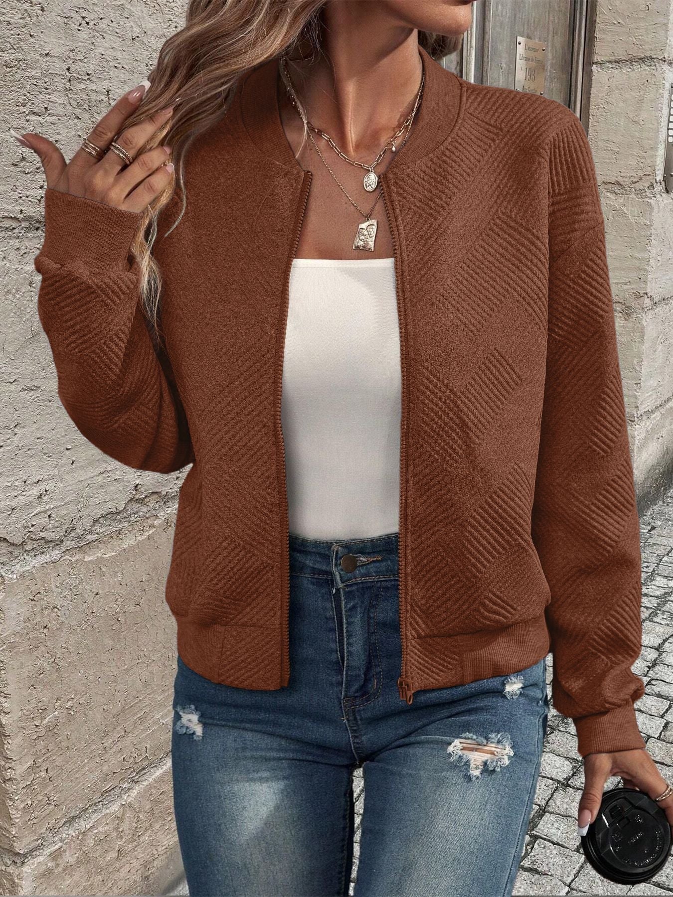 Damen Strickjacke Reißverschluss Struktur
