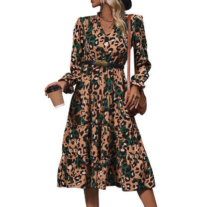 Damen Midi-Kleid Leopardendruck Voluminöser Rock