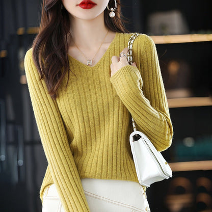 Damen Strickpullover V-Ausschnitt Feine Rippenstruktur Eveloria