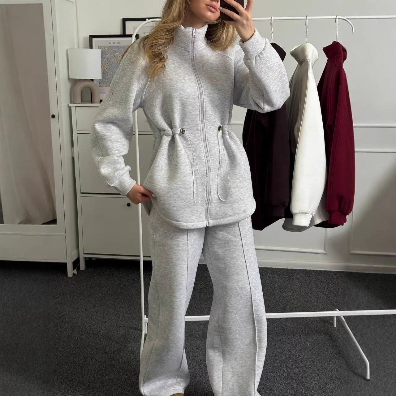 Damen Fleece-Sportanzug Hochkragen Tunnelzug Schwarz - Eveloria