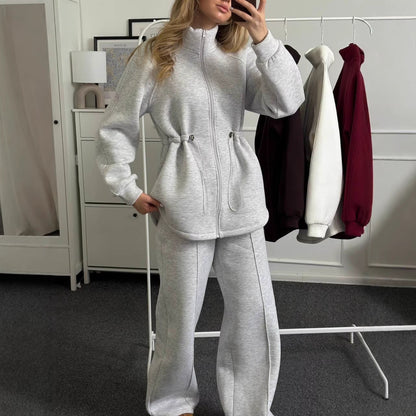 Damen Fleece-Sportanzug Hochkragen Tunnelzug Schwarz - Eveloria