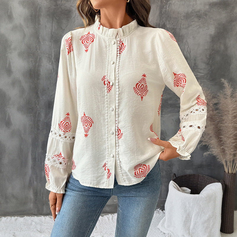 Damen Bluse Rüschendetails Stickerei