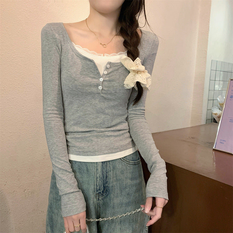 Damen Langarmshirt Knopfverschluss Schleife Weiss Eveloria