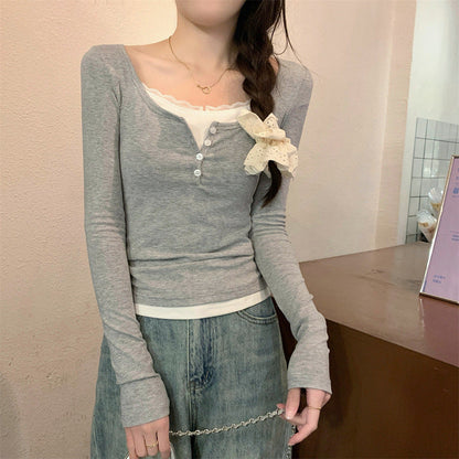 Damen Langarmshirt Knopfverschluss Schleife Weiss Eveloria