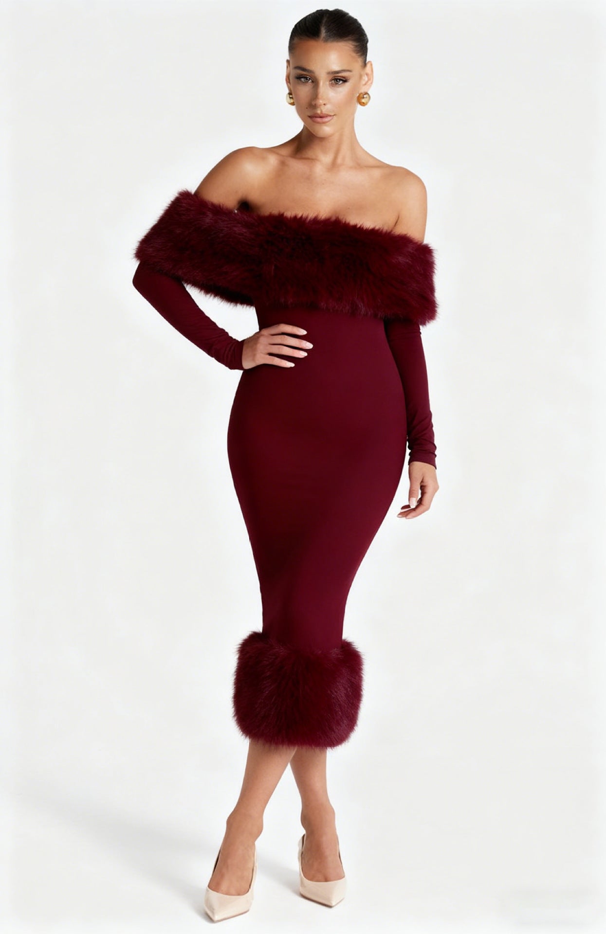 Damen Kleid Figurbetont mit abnehmbarem Kunstfell Eveloria