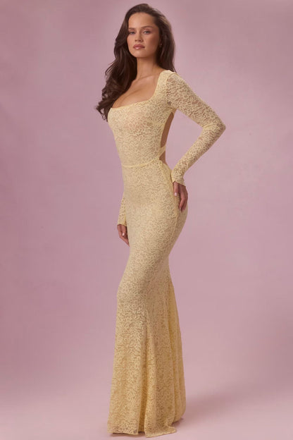 Damen Maxikleid Spitze Tailliert Langarm Eveloria