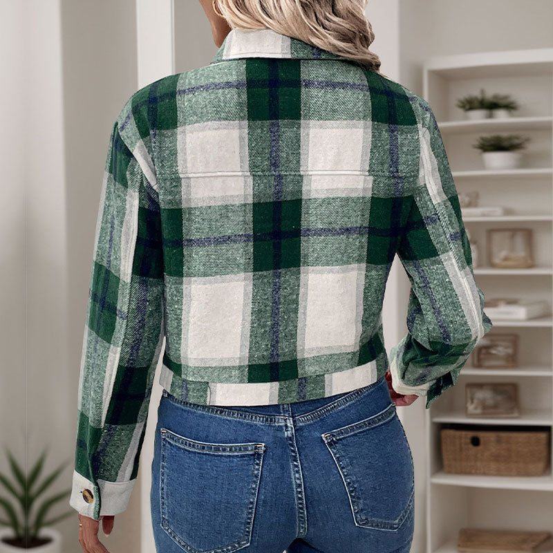 Damen Cropped Bluse Karo Nostalgisch Knöpfe Eveloria
