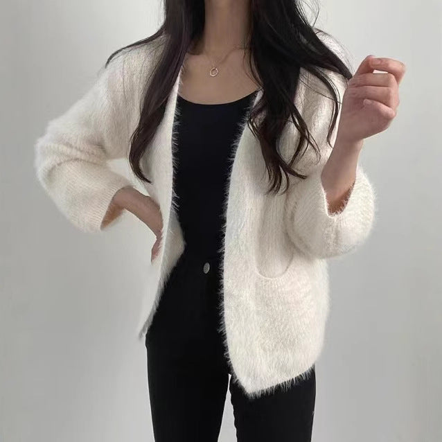 Damen Flauschstrickjacke Offene Front Praktische Taschen Grau