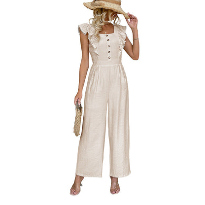 Damen Jumpsuit Sommerröcke Rüschendetails Knopfverschluss Eveloria