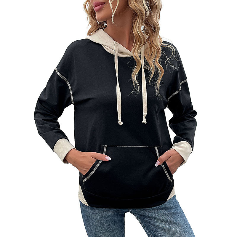 Damen Kapuzenpullover mit Taschen Kontrastärmel Grau