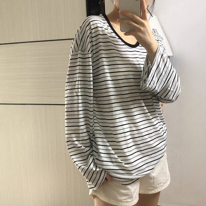 Damen Oversized Langarmshirt Streifen Weite Ärmel Schwarzweiß - Eveloria