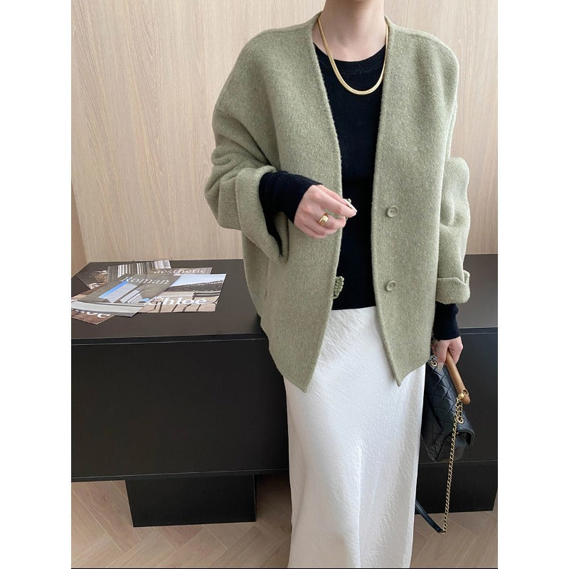 Damen Wolljacke Lässig Doppelter Knopfverschluss Beige - Eveloria