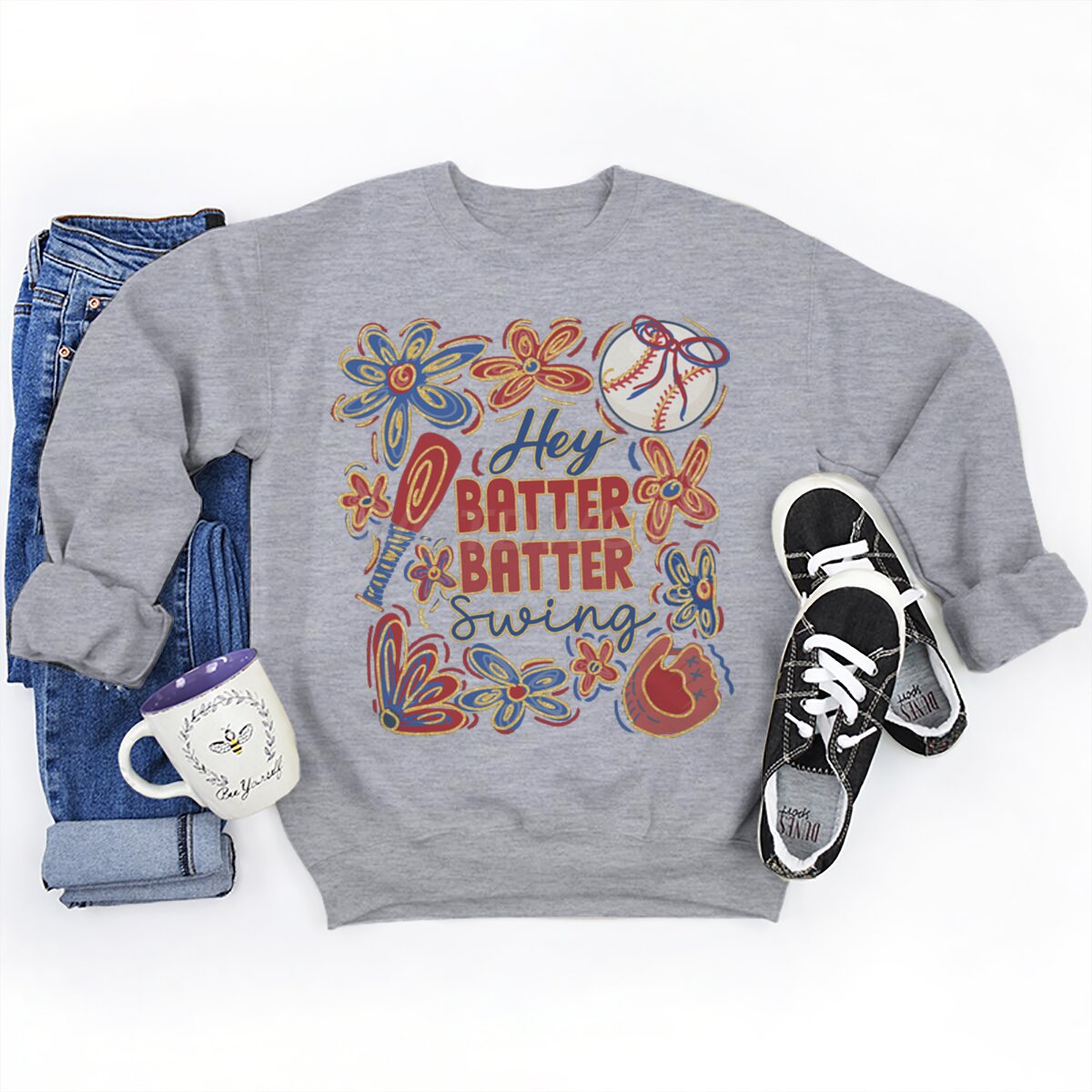 Damen Sweatshirt Baseball-Motiv Lässiger Schnitt Grau Eveloria