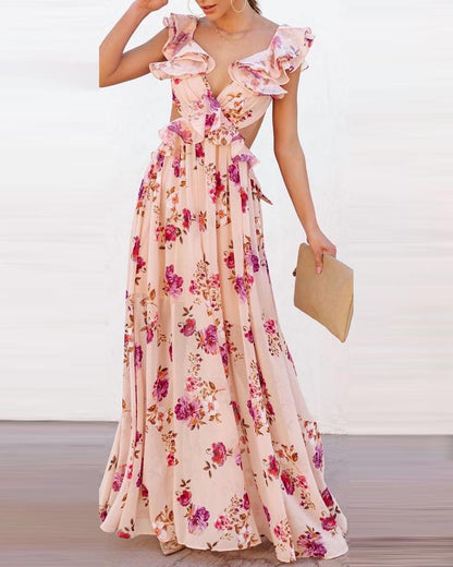 Damen Maxikleid Rüschen Floralmuster Eveloria