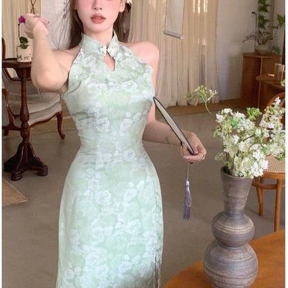 Damen Abendkleid Hochkragen Floralmuster Eveloria