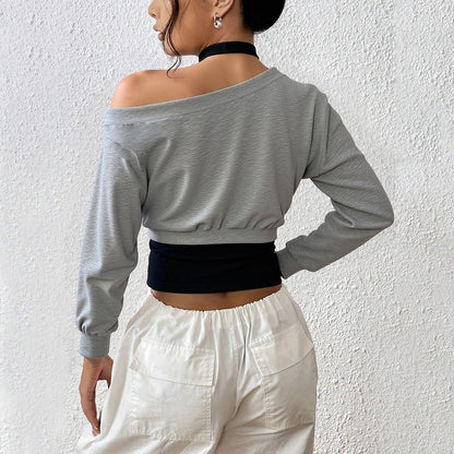 Damen Cropped Sweatshirt Offene Schulter Elastisch Grau