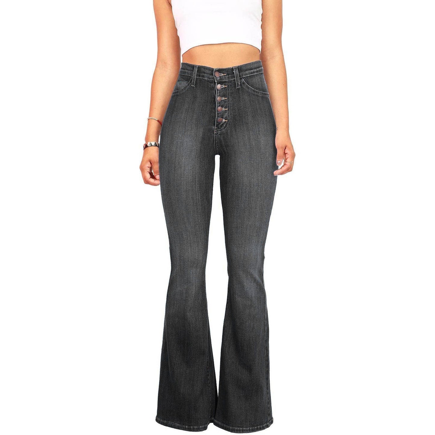 Damen Highwaist Flare Jeans Dekorative Knöpfe Eveloria