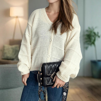 Damen Strickjacke V-Ausschnitt Elegantes Design Beige