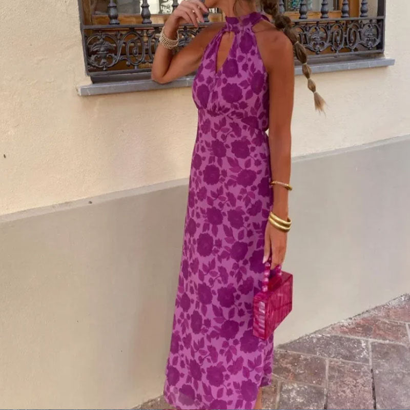 Damen Maxikleid Floralmuster Chiffon Elegante Halskrause
