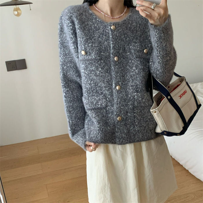 Damen Strickjacke Kuschelig Perlenknöpfe Beige - Eveloria