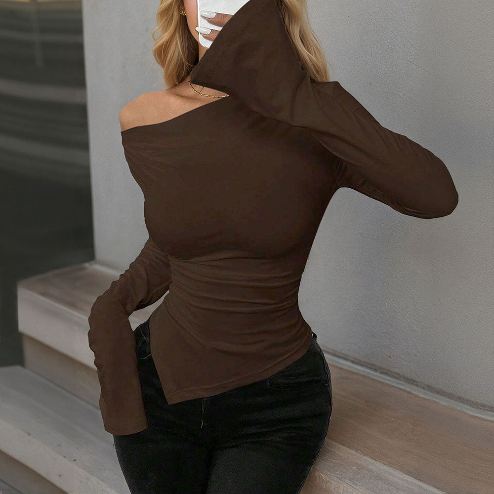 Damen Langarmshirt V-Ausschnitt Rüschen Eleganz