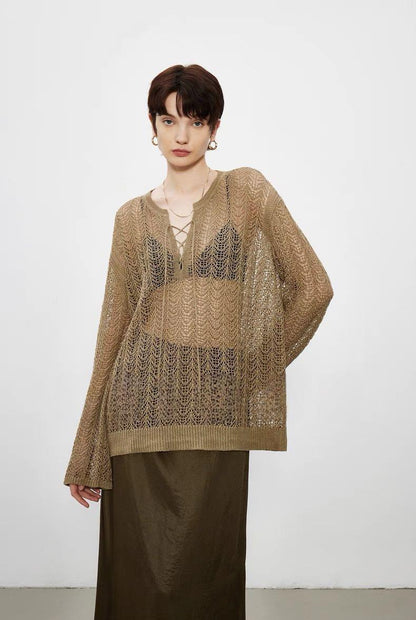 Damen Strickpulli Luftiger Look Raffinierter Auschnitt Beige