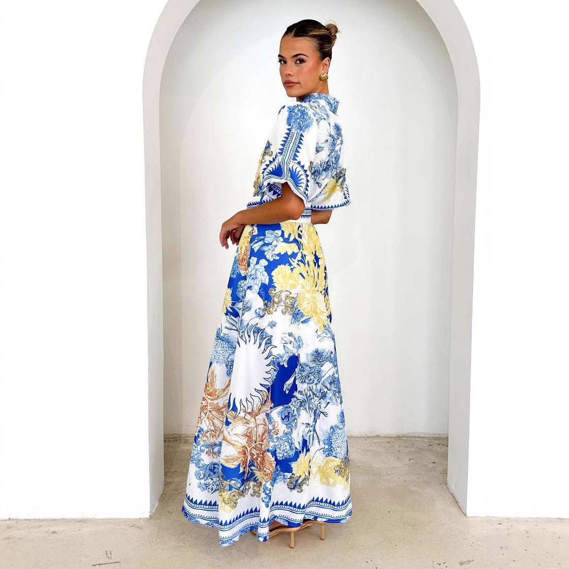 Damen Maxikleid Floralmuster Taillengürtel