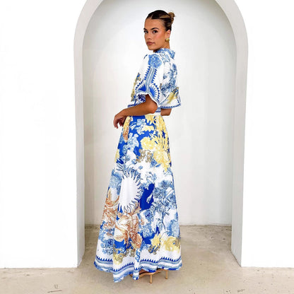 Damen Maxikleid Floralmuster Taillengürtel
