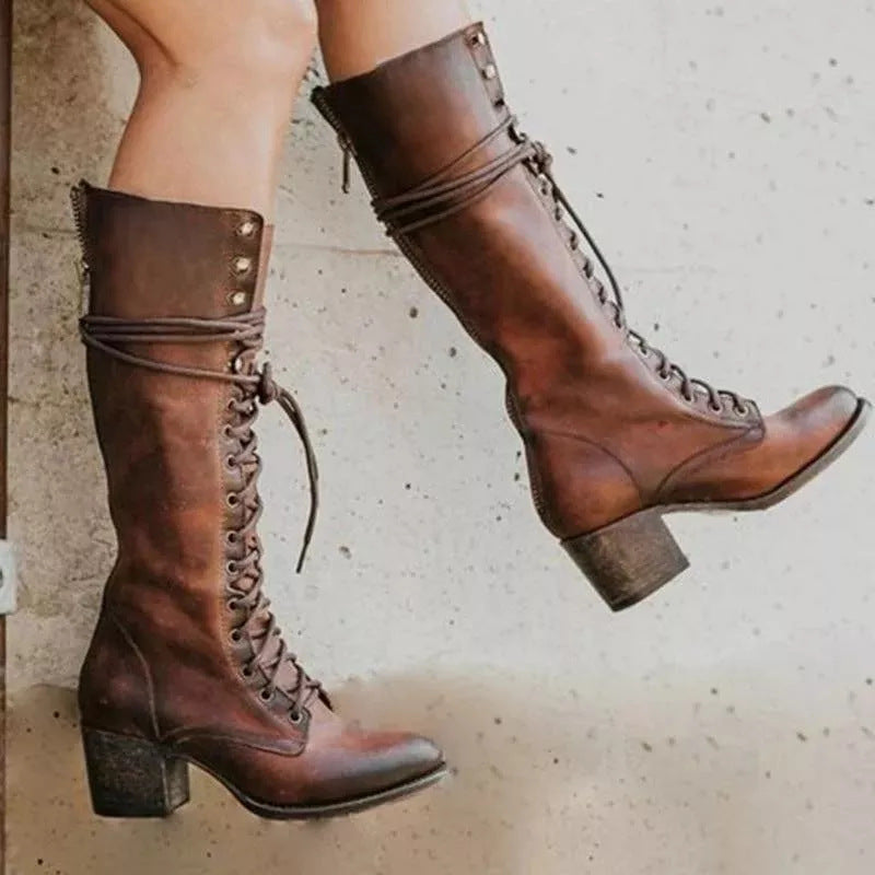 Damen Kniehohe Stiefel Frontschnürung Blockabsatz