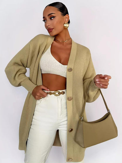 Damen Strickmantel Oversized Elegant Knöpfe Beige