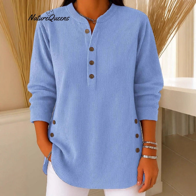 Damen Langarmshirt Knopfleiste Seitenknöpfe Modern Eveloria - Eveloria