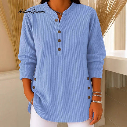 Damen Langarmshirt Knopfleiste Seitenknöpfe Modern Eveloria - Eveloria