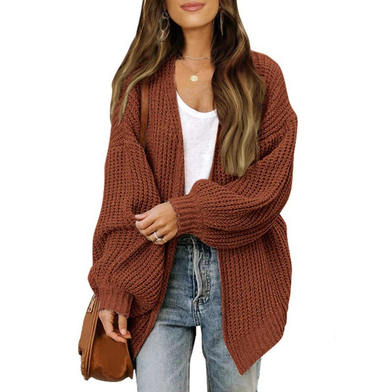 Damen Strickjacke Oversized Luftig V-Ausschnitt Beige