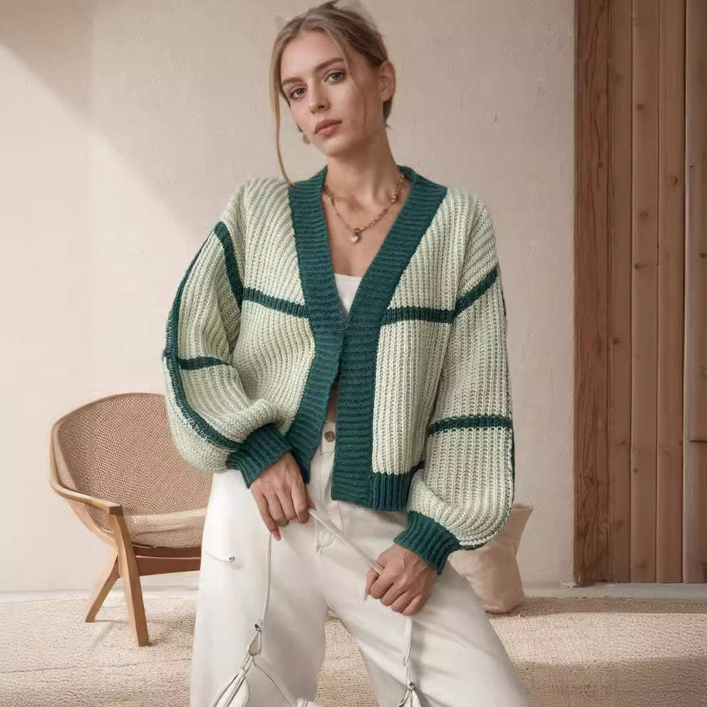 Damen Strickcardigan Blockstreifenmuster Schwarz Weiß - Eveloria