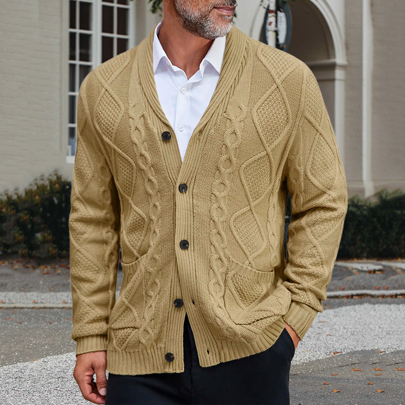 Herren Grobstrickjacke Elegantes Zopfmuster Warm Beige