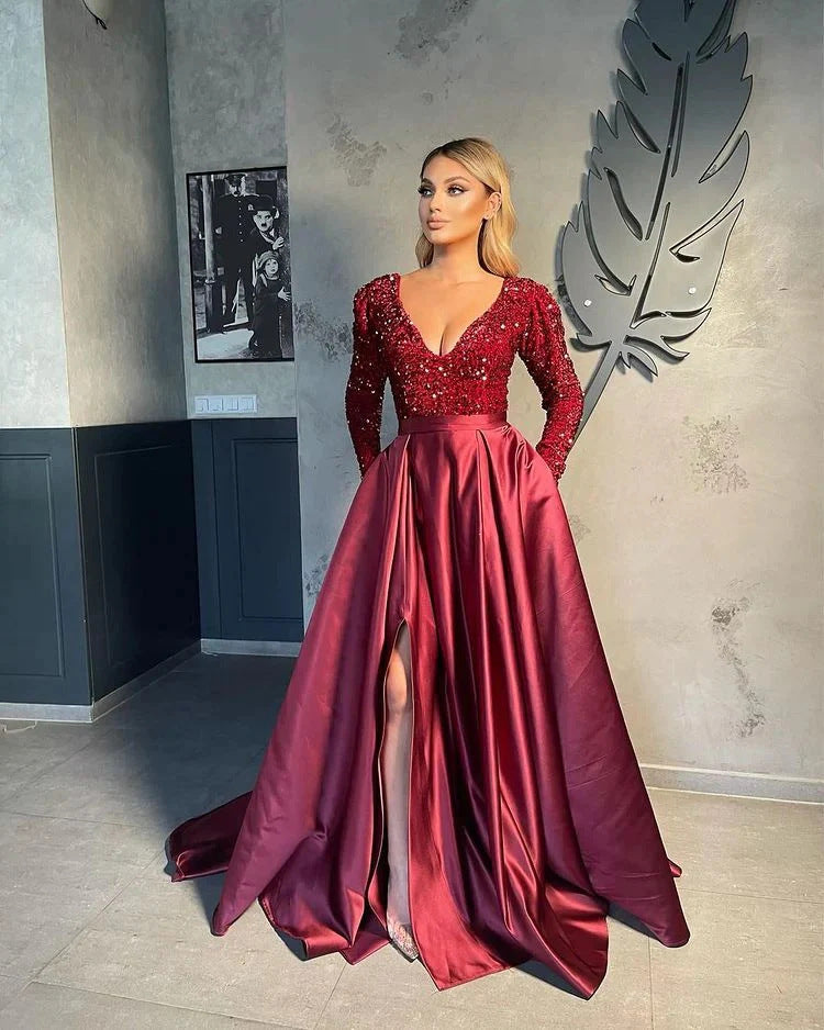 Damen Abendkleid mit Pailletten und hohem Schlitz