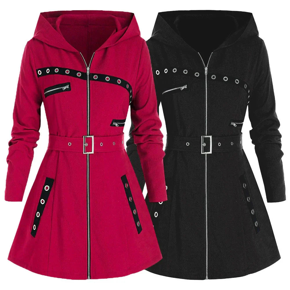 Damen Mantel Slim Fit mit Kapuze und Taillengürtel Schwarz - Eveloria