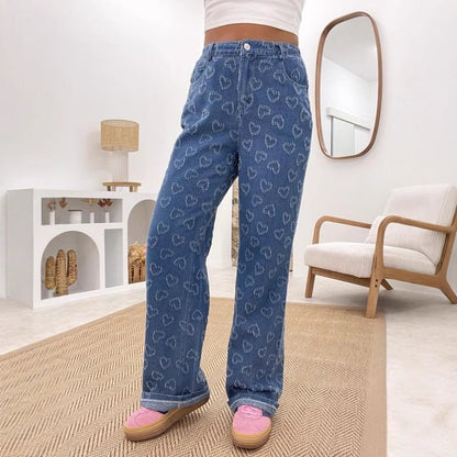 Damen Weite Jeanshose Floralmuster Eveloria - Eveloria