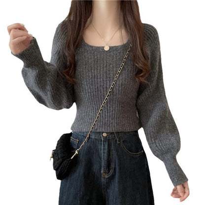 Damen Rippstrickpullover Weite Ärmel Bequem Grau