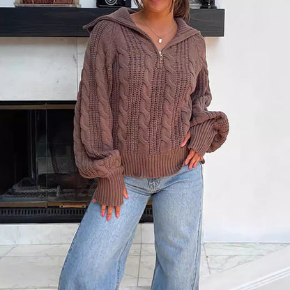 Damen Strickpullover mit Kapuze und Reißverschluss Grau